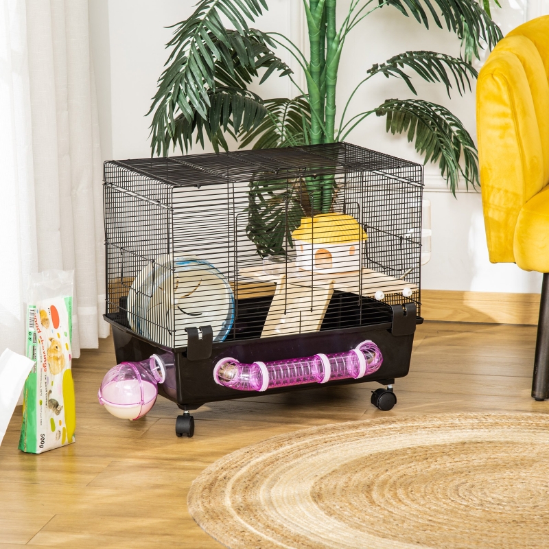 PawHut Hamster Cage, Gerbil Haven, Multi-storey Rodent House, Small Animal Habitats, Large Hide-out, w/ Water Bottle, Tubes, Excise Wheel, Food Dish, Ramp, Shower Room, Black