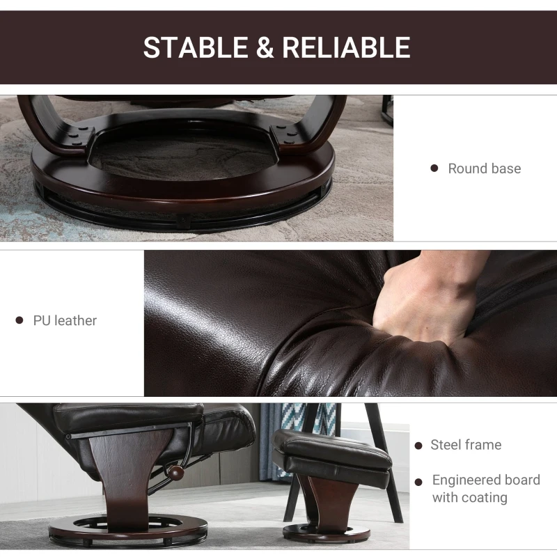 HOMCOM Swivel Recliner Chair Thick Padded with Storage Ottoman, Wrapped Wood Base & Faux Leather for Living Room, Bedroom, Office, Dark Brown