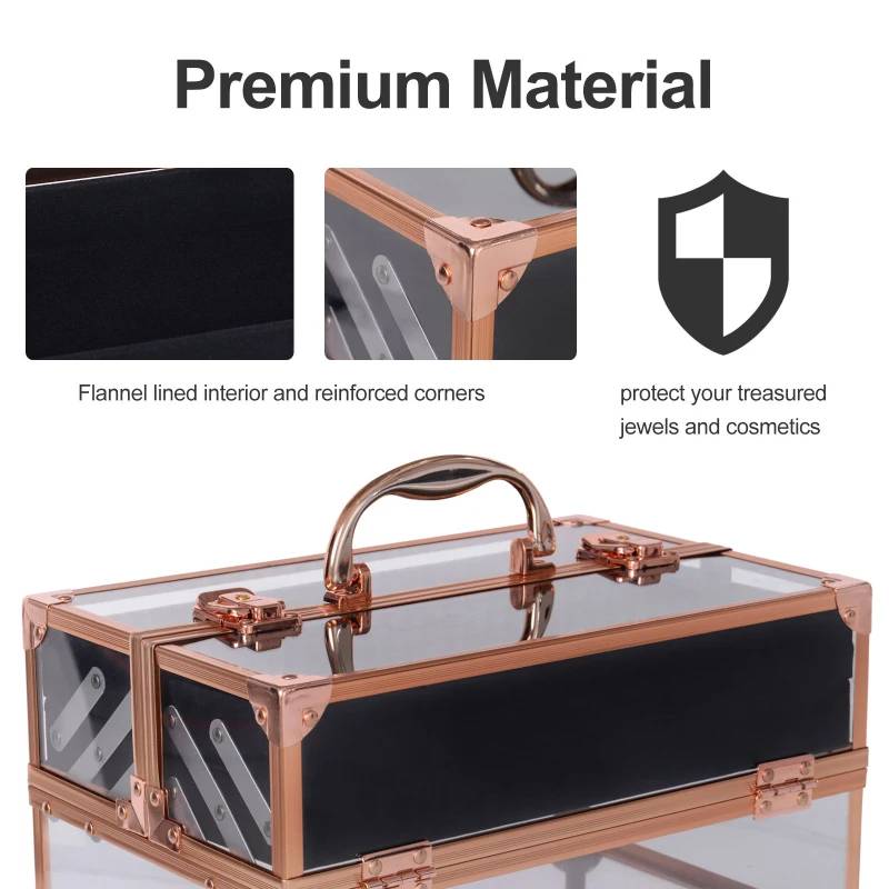 HOMCOM Portable Makeup Case Train Case Lockable Aluminum Rose Gold