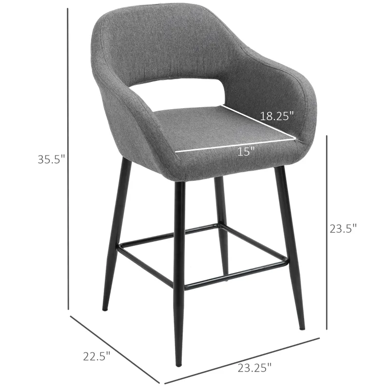 HOMCOM Modern Counter Height Barstool Linen Fabric Upholstered Chair with Footrest & Metal Legs,  Dark Grey