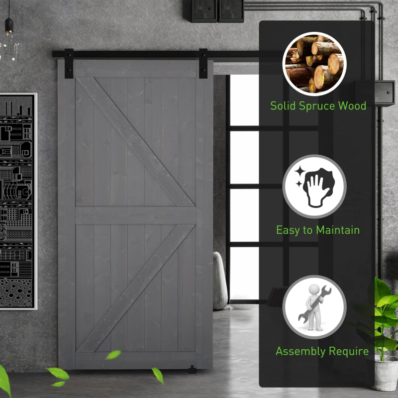 HOMCOM 7' H x 3.5' W Sturdy Sliding Barn Door, Unfinished Solid Spruce Wood Frame with Pre-Drilled Holes - Grey
