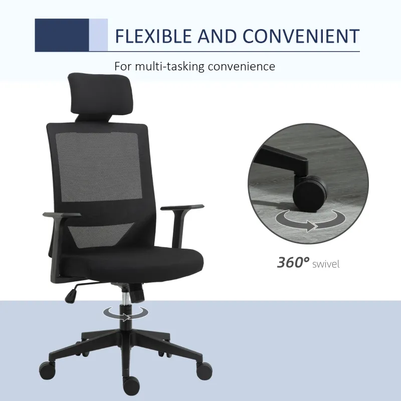 Vinsetto High Back Office Chair Swivel Task Chair with Lumbar Back Support, Breathable Mesh, and Adjustable Height, Headrest, Black
