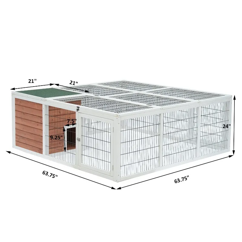 PawHut 64" Outdoor Rabbit Hutch Playpen, Wooden Tortoise House Habitat, Bunny Cage with Run and Enclosed Cover, for Rabbits, Chickens, Ducks, Indoor, Brown