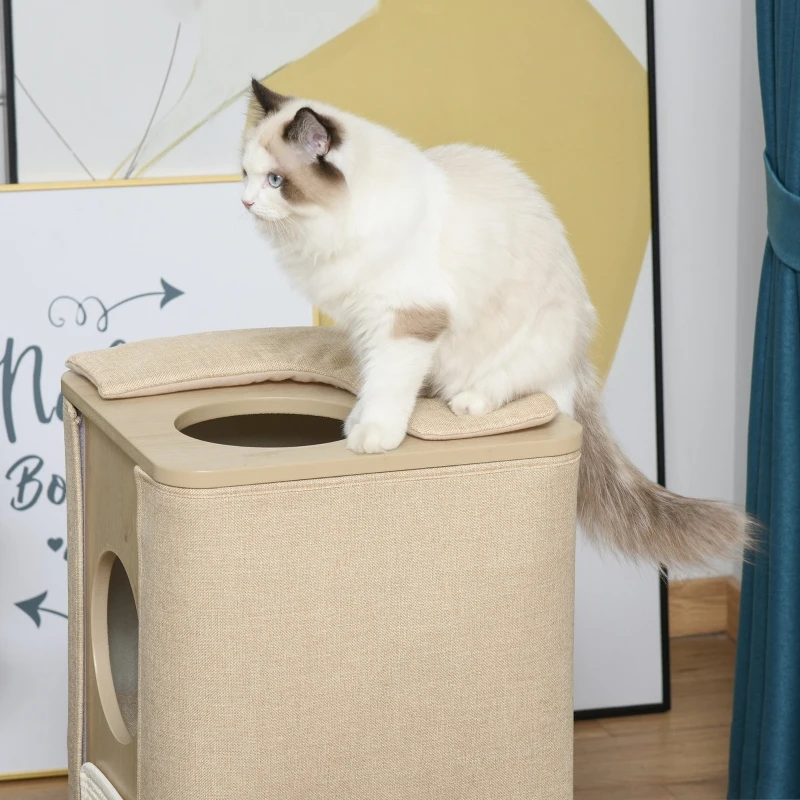 PawHut Wooden Cat Condo 3 Story Barrel Tower w/ Perch Removable Cover Cushions Sisal Scratching Carpet, Brown