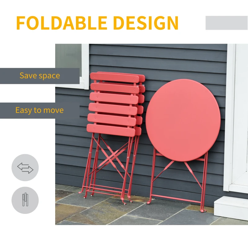 Outsunny 3pc Garden Table Set Foldable Dining Set with 1 Round Table and 2 Chairs Backyard Outdoor, Red