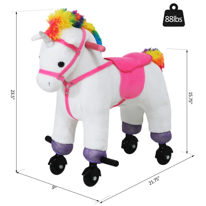 Qaba Kids Plush Toy Ride-on Rocker Unicorn Horse Rolling Pony w/ Realistic Sound - White