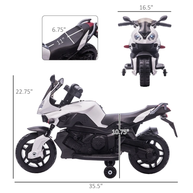 Aosom 6V Kids Motorcycle Dirt Bike Electric Battery-Powered Ride-On Toy Off-road Street Bike for Children with Rechargeable Battery, Pedal, Horn, Headlights, and Training Wheels for Balance White