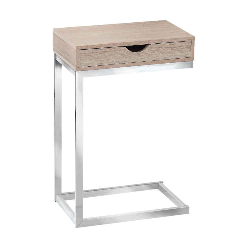 Monarch 25" Contemporary Chrome Metal Base C-Shaped Side Accent Table with Storage Drawer - Natural Wood Grain-Look Finish