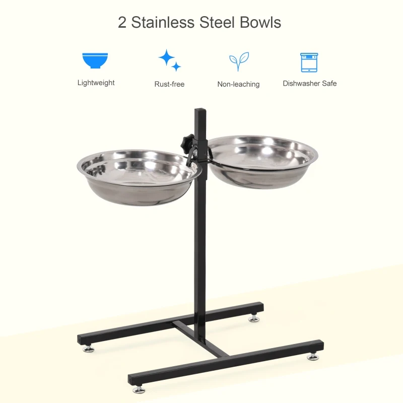 PawHut Adjustable Elevated Dog Bowls, Stainless Steel Dog Double Bowls with H-Base Raised Bowl Stand for Dogs Cats, 22.5"H