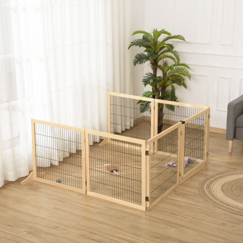 PawHut Wooden Pet Gate, Dog Safety Barrier, Freestanding Foldable Fence, w/ 6 Panels, 2 Support Feet, for House Doorway Stairs, Small & Medium Dogs, Natural Wood