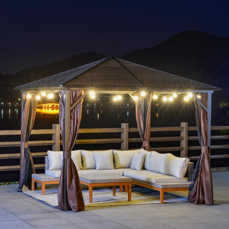 Outsunny 10' x 10' Hardtop Gazebo with Curtains and Netting, Permanent Pavilion Metal Roof Gazebo Canopy with Aluminum Frame, for Garden, Patio, Backyard, Deck, Dark Brown