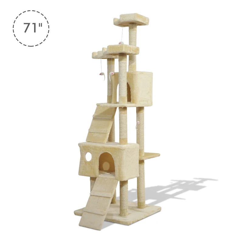 PawHut 71in Deluxe Multi-Level Scratching Cat Tree Play House with Two Condos and Toys Beige
