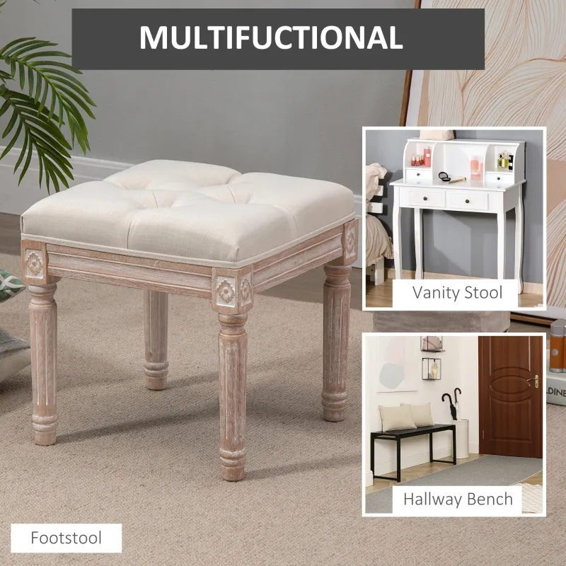 HOMCOM Ottoman Bench Vintage Footrest w/ Button Tufted Seat, Carved Wooden Legs, Beige