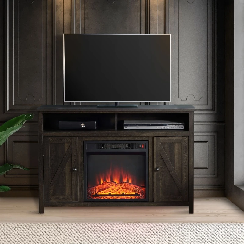 HOMCOM Electric Fireplace TV Stand for TV's up to 50" Flat Screen, Living Room Media Entertainment Console with Doors, Shelves, Cable Hole, Espresso