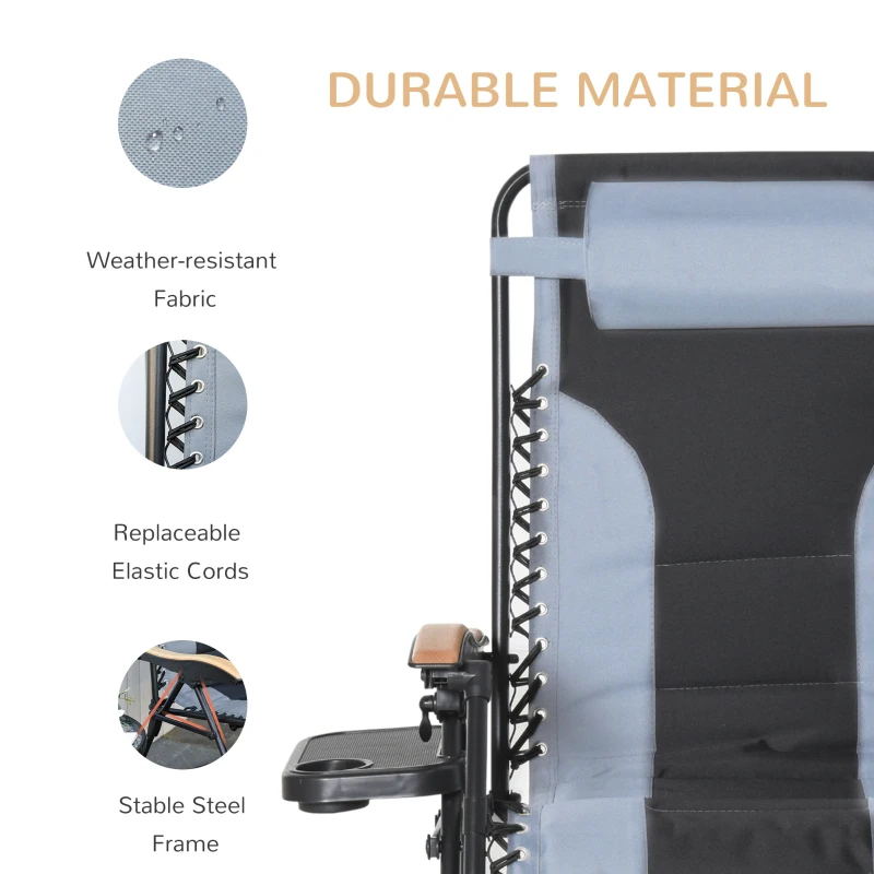 Outsunny Foldable Outdoor Lounge Chair with Footrest, Oversized Padded Zero Gravity Lounge Chair with Headrest, Cup Holders, Armrests for Camping, Lawn, Garden, Pool, Gray