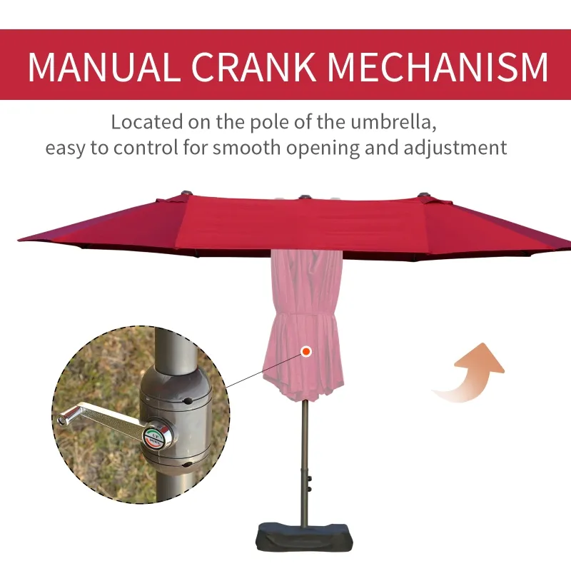 Outsunny Patio Umbrella 15' Steel Rectangular Outdoor Double Sided Market with base, UV Sun Protection & Easy Crank for Deck Pool Patio, Wine Red