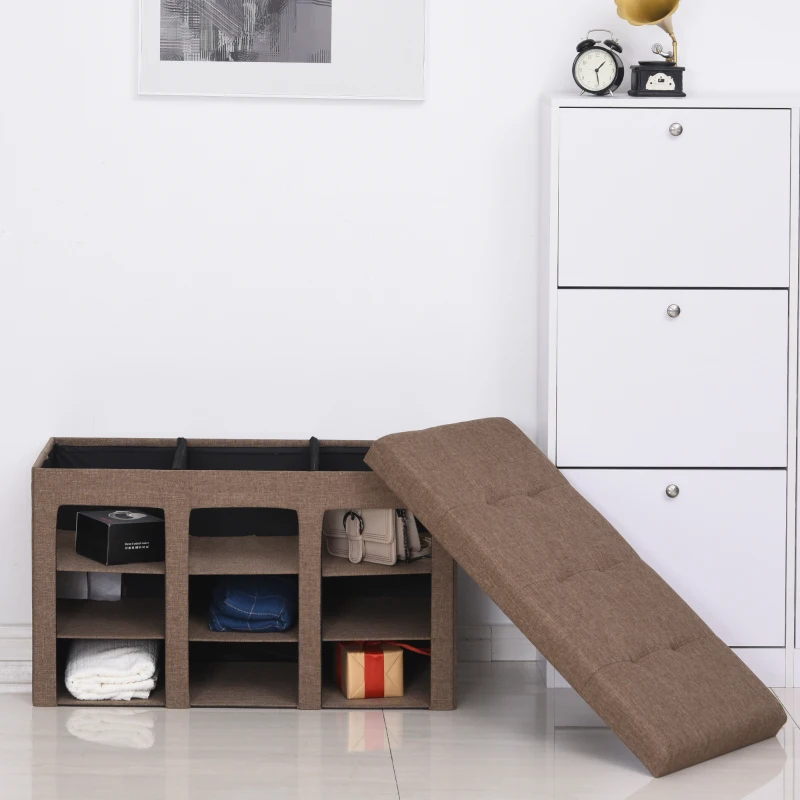 HOMCOM Modern Folding Shoe Storage Bench with Flipping Lid, Ottoman Bench for Bedroom & Hallway with 9 Cubes, Brown