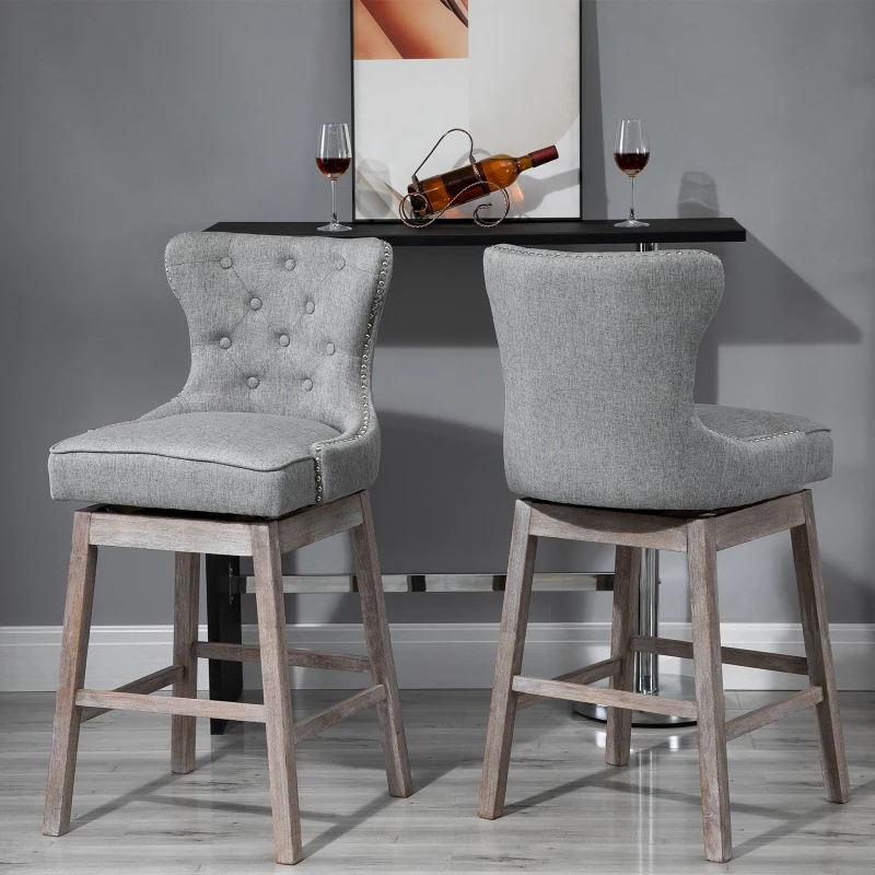 HOMCOM Upholstered Fabric Bar Height Bar Stools Set of 2, 180° Swivel Nailhead-Trim Pub Chairs, 30" Seat Height with Rubber Wood Legs, Grey