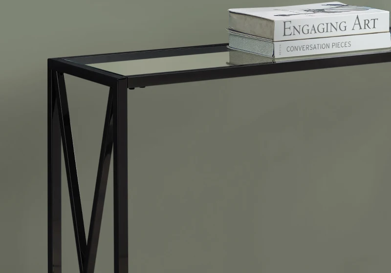 Monarch 42" Contemporary Tempered Glass Hall Sofa Console Table with X-Design Metal Base - Black Nickel Finish