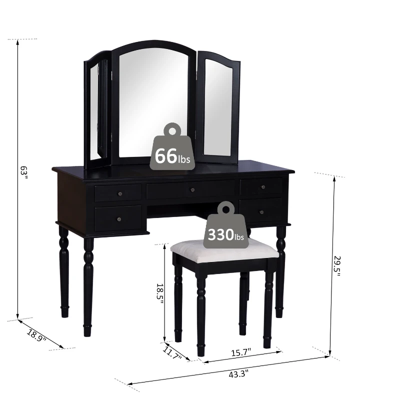 HOMCOM 63"H Elegant Vanity Table Set Tri-Fold Mirrored Make-Up Dressing Table with Cushioned Stool 5 Drawer Black