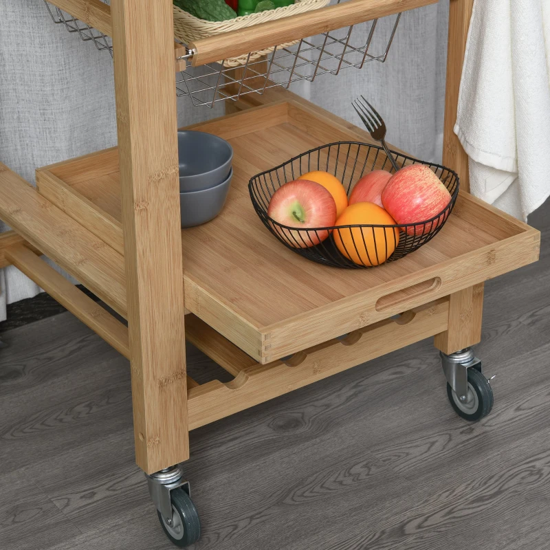 HOMCOM Bamboo Rolling Kitchen Island on Wheels Storage Cart with Granite Top, a Slide-Out Basket & Wine Storage Rack