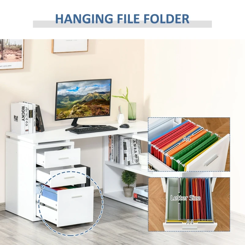 HOMCOM L-Shaped Computer Desk with Large Desktop, 3 Drawers and 5 Total Storage Shelves with Customized Assembly Options, White