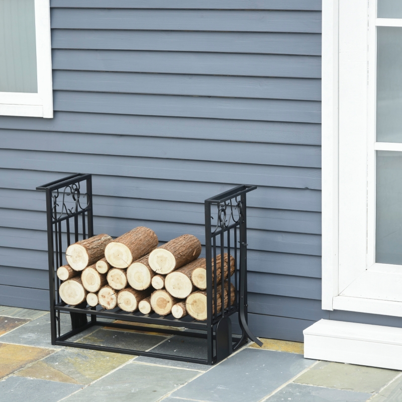 HOMCOM Heavy Duty Firewood Wood Log Rack Vintage Design Firewood Storage w/ 4 Tools Black