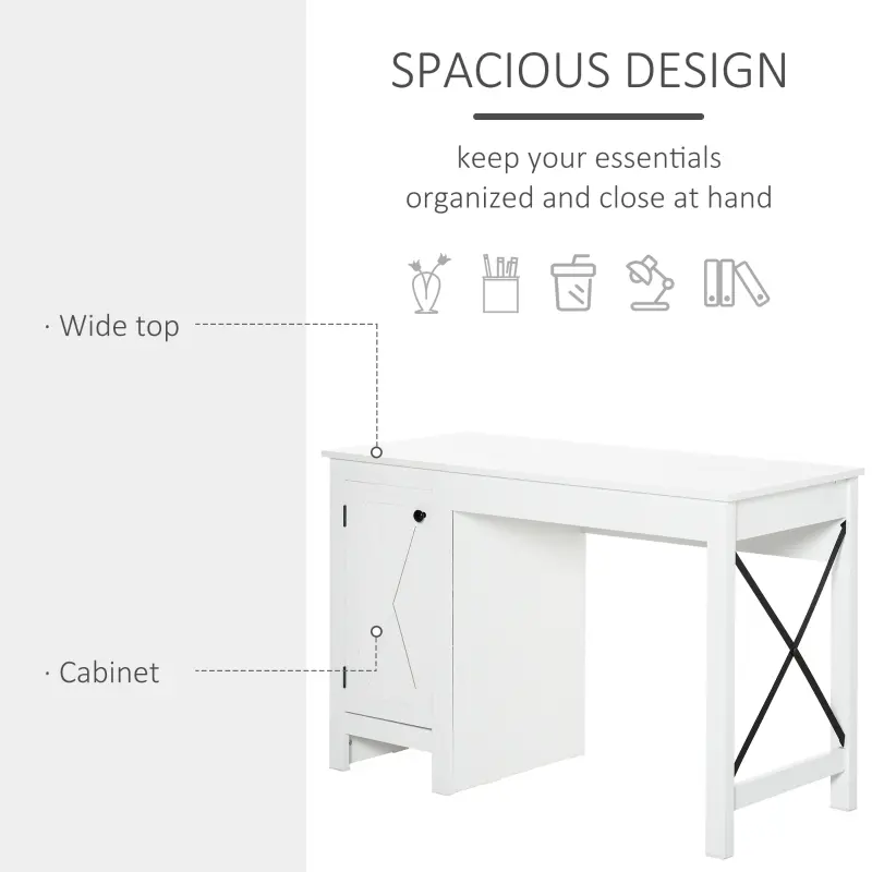 HOMCOM Home Office Computer Desk with Lower Storage Cabinet and X Bar Metal Frame, White