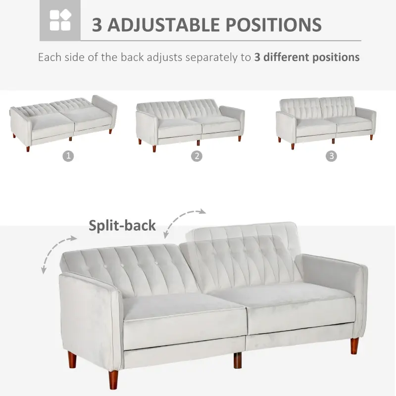 HOMCOM Convertible Sofa Sleeper Futon with Split Back Design Recline, Thick Padded Velvet-Touch Cushion Seating and Wood Legs, Light Grey