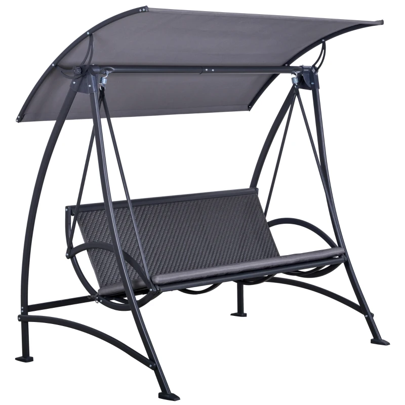 Outsunny 3 Person Rattan Swing Chair Garden Swing Bench Outdoor Hanging Porch Swing w/ Adjustable Canopy, Cushion, Steel Frame, Grey