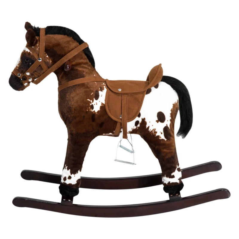 Open Box Qaba Kids Metal Plush Ride-On Rocking Horse Chair Toy with Realistic Sounds - Light Brown / White
