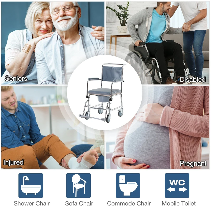 HOMCOM Shower Rolling Chair Personal Mobility Assist Bedside Commode Toilet Chair with Detachable Bucket Armrest Wheelchair Design Armchair for Elder Disabled Pregnant, Grey