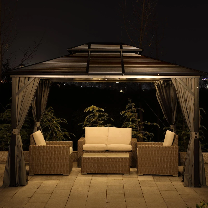 Outsunny 10' x 10' Steel Hardtop Gazebo Garden Sun Shelter with Mosquito Netting and Curtains Hanging Hook Aluminum Frame