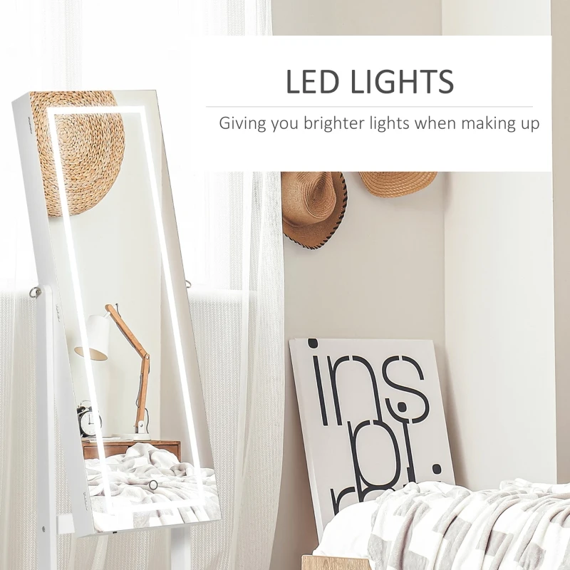 HOMCOM 60" Full-Length Mirror Jewelry Storage Armoire w/ Lockable Door & Key, White