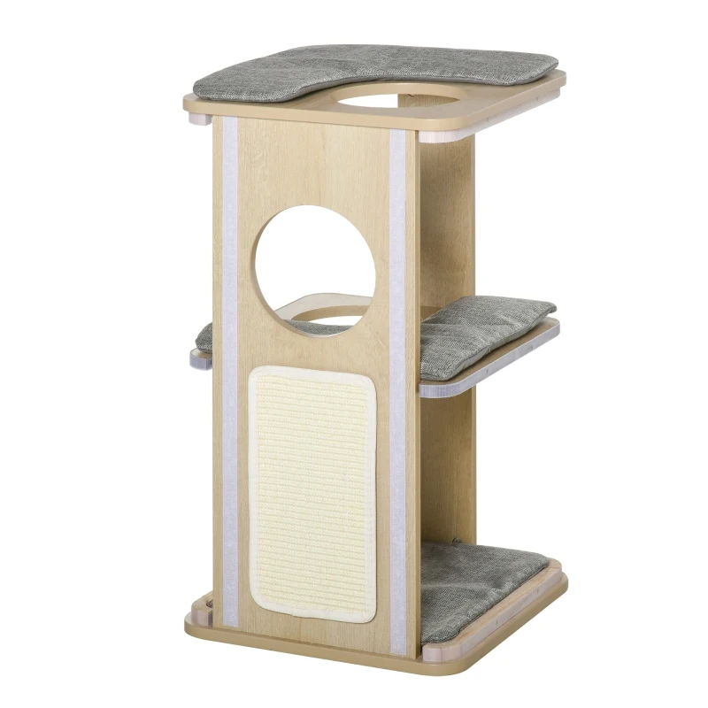 PawHut Wooden Cat Condo 3 Story Barrel Tower w/ Perch Removable Cover Cushions Sisal Scratching Carpet, Grey