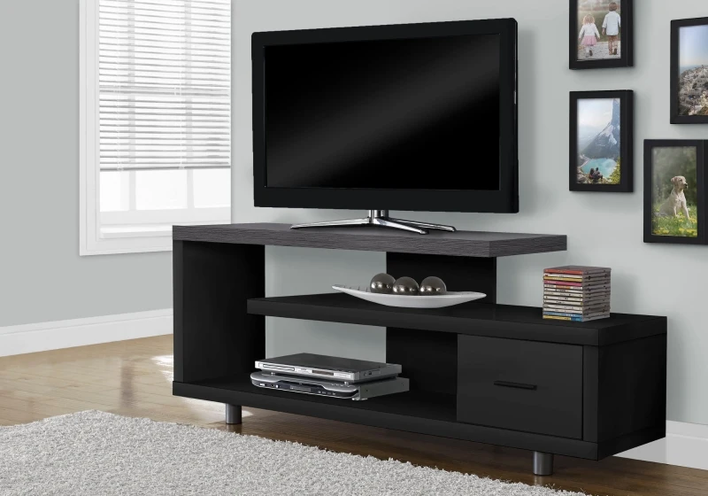 Monarch 60" L Art-Deco Inspired TV Stand with Open Concept Shelves and Storage Drawer - Black / Grey Top