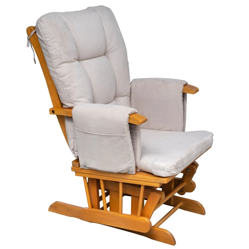 HOMCOM Indoor 2 Piece Glider & Ottoman Adjustable Reclining Function with Rubber Wood Base and Cushion, Wood/Cream White