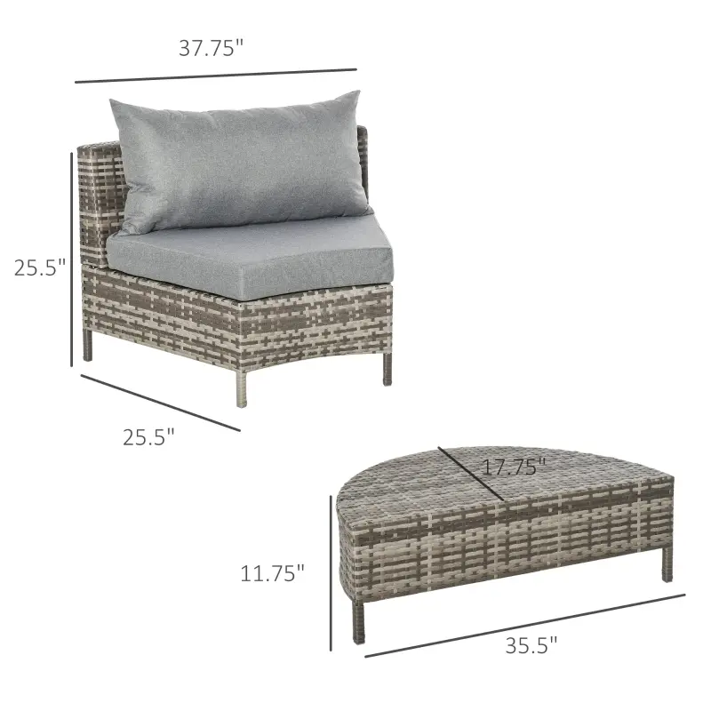 Outsunny 5PC Outdoor Patio Furniture Set Garden Rattan Wicker Sofa Cushioned Half-Moon Seat Deck w/ Pillow Grey