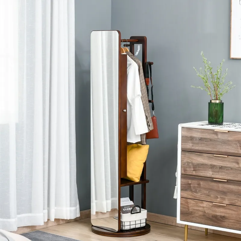 HOMCOM Full Length Glass Mirror with Hidden Jewelry Cabinet and Pine Wood Clothing Rack, Coffee Brown