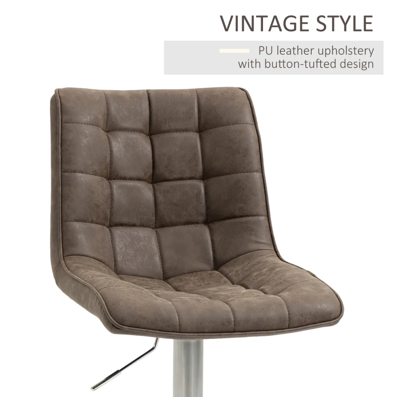 HOMCOM Vintage PU Leather Bar Stool with Stainless Steel Base, Adjustable Counter Height Bar Chair Swivel Barstool with Back, Footrest, Brown