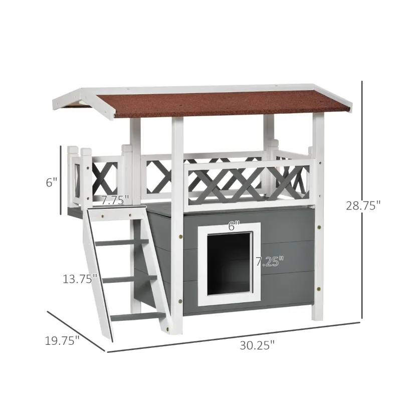 PawHut Wooden Cat House, 2-Floor Feral Cat Shelter, Kitten Condo Outdoor, Small Dog House with Balcony, Stairs, Asphalt Roof, White