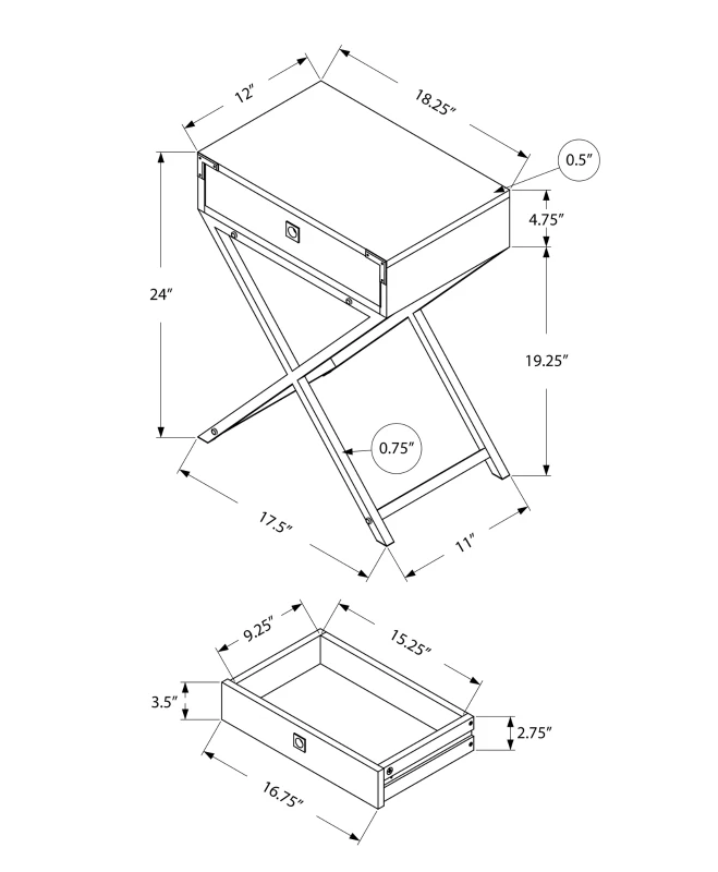 Monarch 24" Contemporary Accent Side End Table with Large Storage Drawer and Metal X-Design Legs - Grey Wood Grain-Look / Chrome Metal Legs