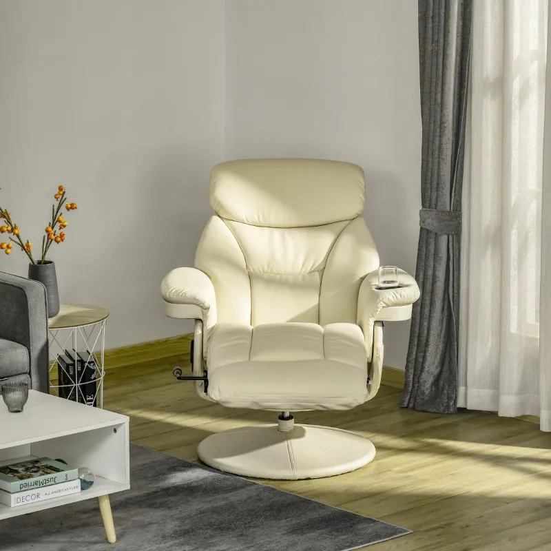 HOMCOM Manual Recliner, Swivel Lounge Armchair with Side Pocket, Footrest and Cup Holder, Cream White