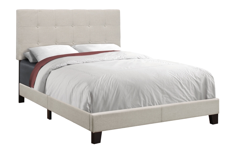 Monarch Full Size Contemporary Upholstered Bed Frame with Tufted Headboard and Wood Legs - Beige Linen Look