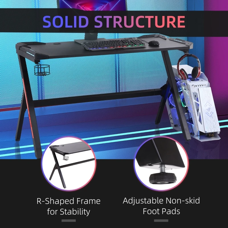 HOMCOM 55" Gaming Desk Racing Style Computer Table with LED Light Cup Gamepad Holder Headphone Hook Cable Management E-sport Study Workstation, Black