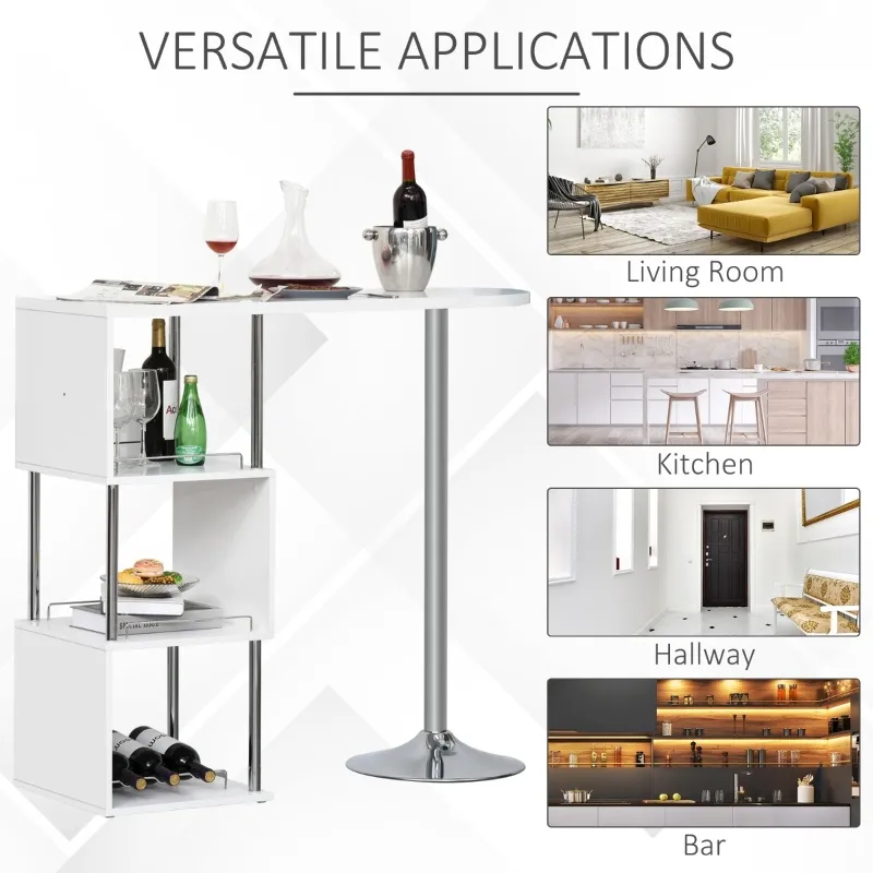 HOMCOM Modern Bar Table Accent Console Serving Buffet with 3-Bottle Wine Rack and Side Storage Shelf, White/Silver