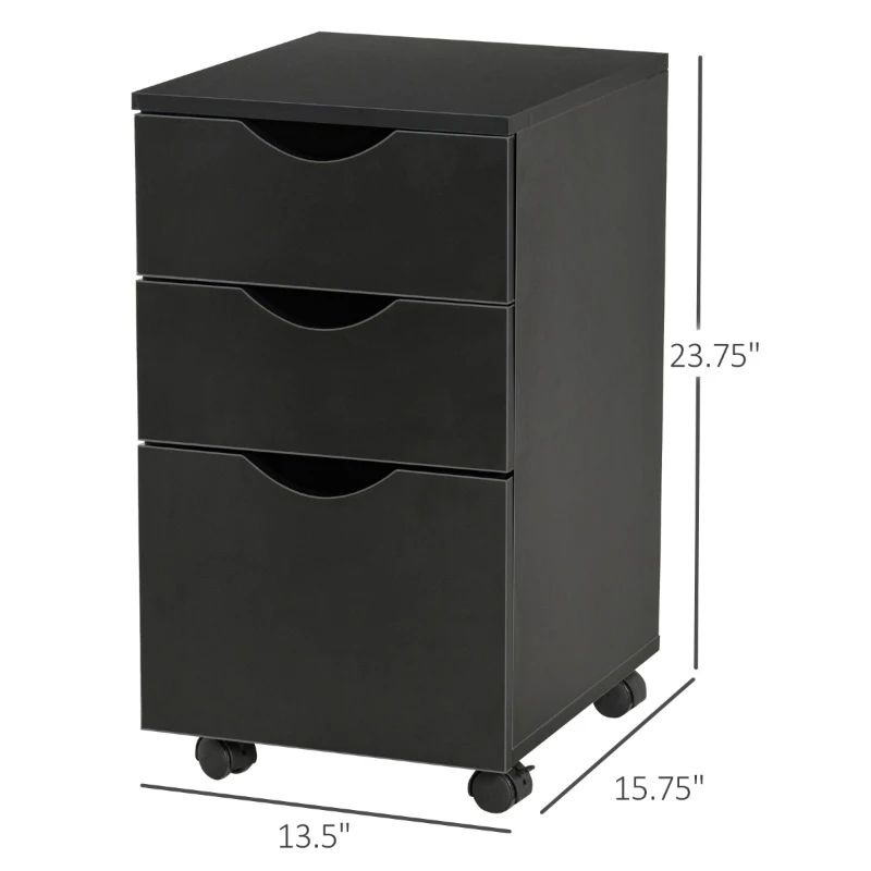 HOMCOM 3 Drawer Mobile File Cabinet with Wheels, Wood Filing Cabinet for Home Office, Rolling Under Desk Cabinet, Black