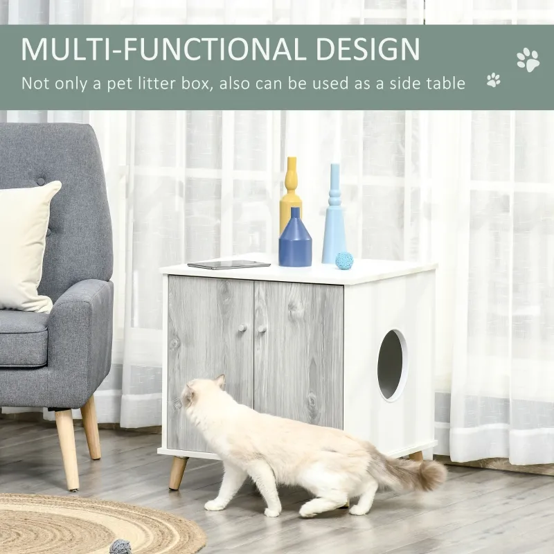 PawHut Wooden Cat Litter Box Enclosure End Table with 2 Magnetic Doors, Wide Tabletop