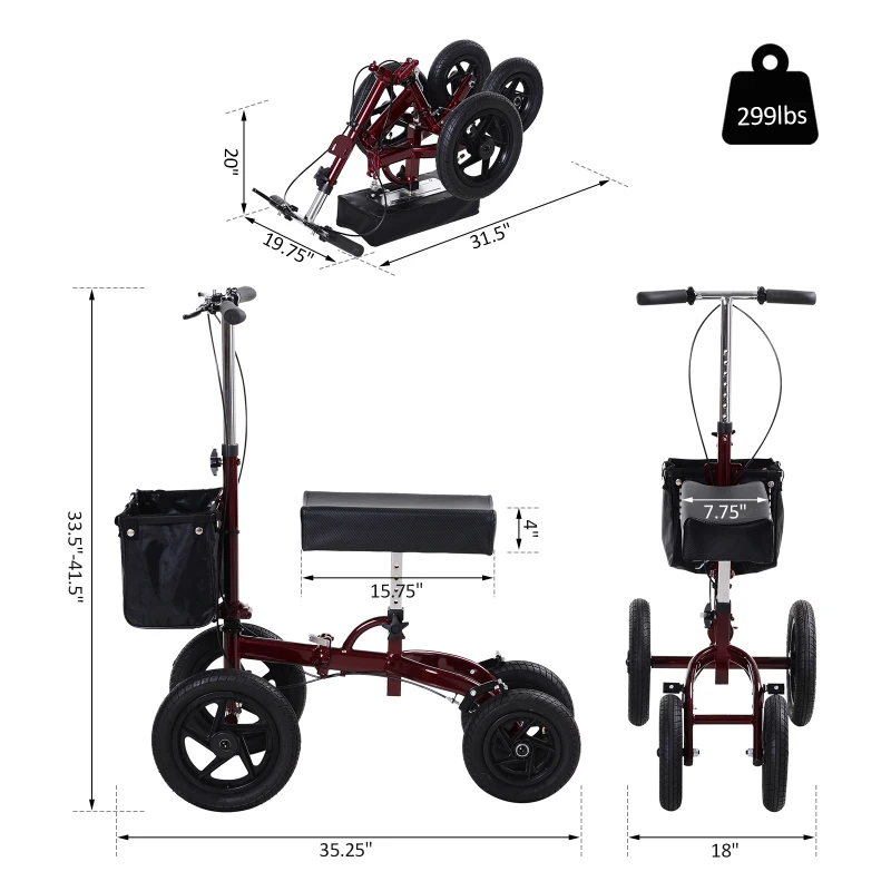 HOMCOM Knee Scooter for Foot Injuries in Adults with Basket Storage, Portable Folding Knee Walker Mobility Scooter for Medical Rehabilitation & Injuries, Red