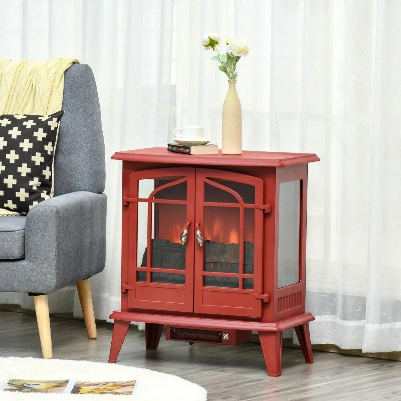 HOMCOM Electric Fireplace Heater, Freestanding Fireplace Stove with Realistic LED Log Flames and Overheating Safety Protection, 1400W, Red